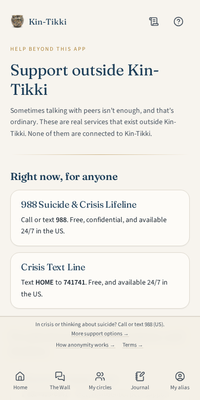 Kin-Tikki support page listing crisis lines